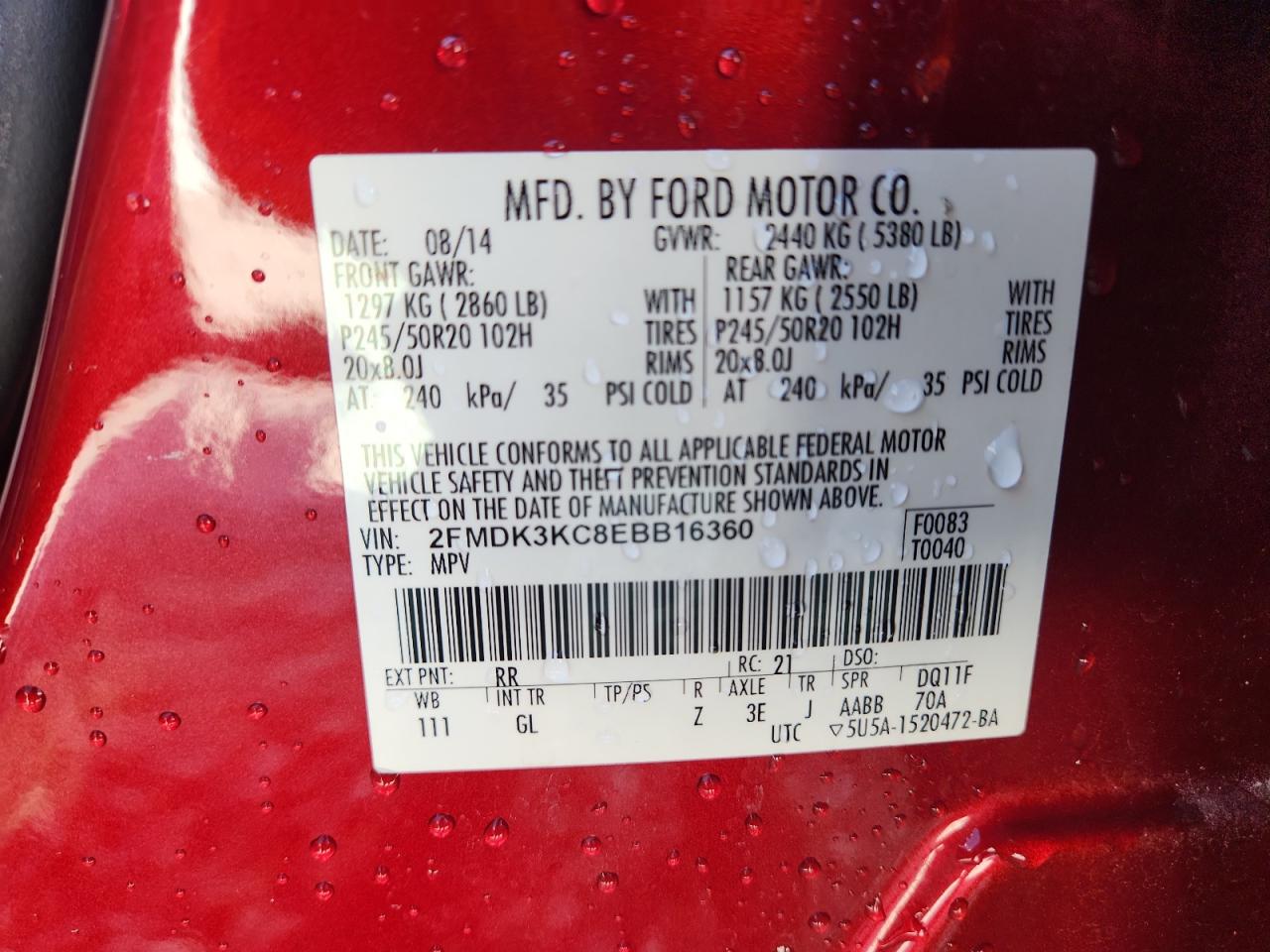 2014 Ford Edge Limited VIN: 2FMDK3KC8EBB16360 Lot: 90870215