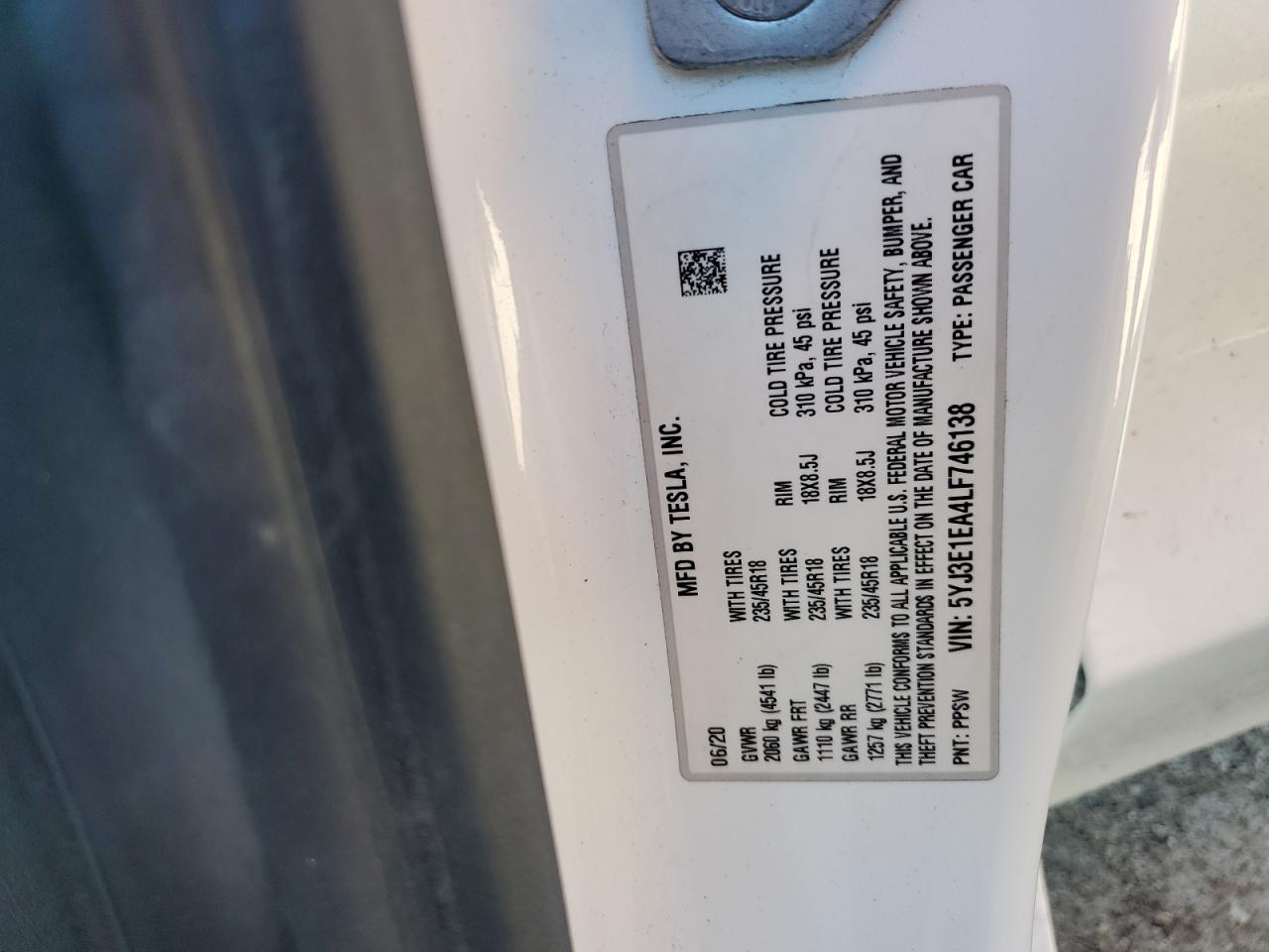 2020 Tesla Model 3 VIN: 5YJ3E1EA4LF746138 Lot: 85340535