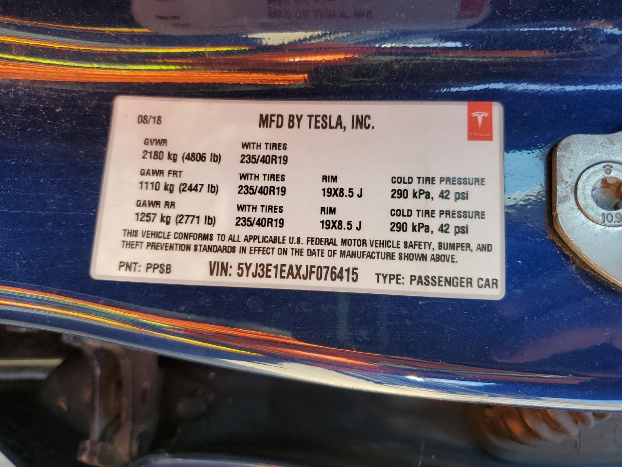 2018 Tesla Model 3 VIN: 5YJ3E1EAXJF076415 Lot: 84964675
