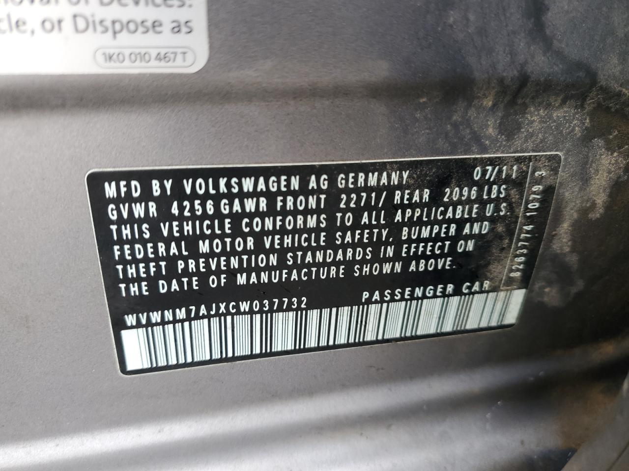 2012 Volkswagen Golf VIN: WVWNM7AJXCW037732 Lot: 81888145