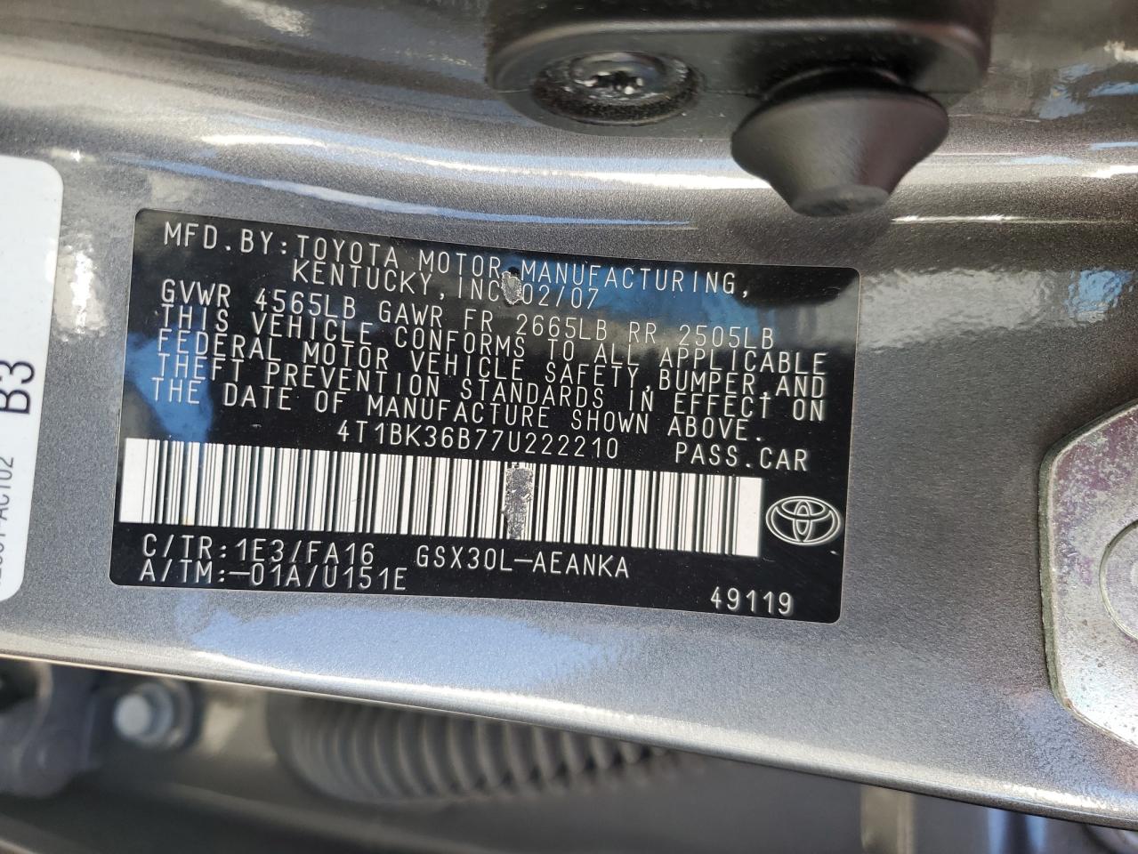 2007 Toyota Avalon Xl VIN: 4T1BK36B77U222210 Lot: 87250835