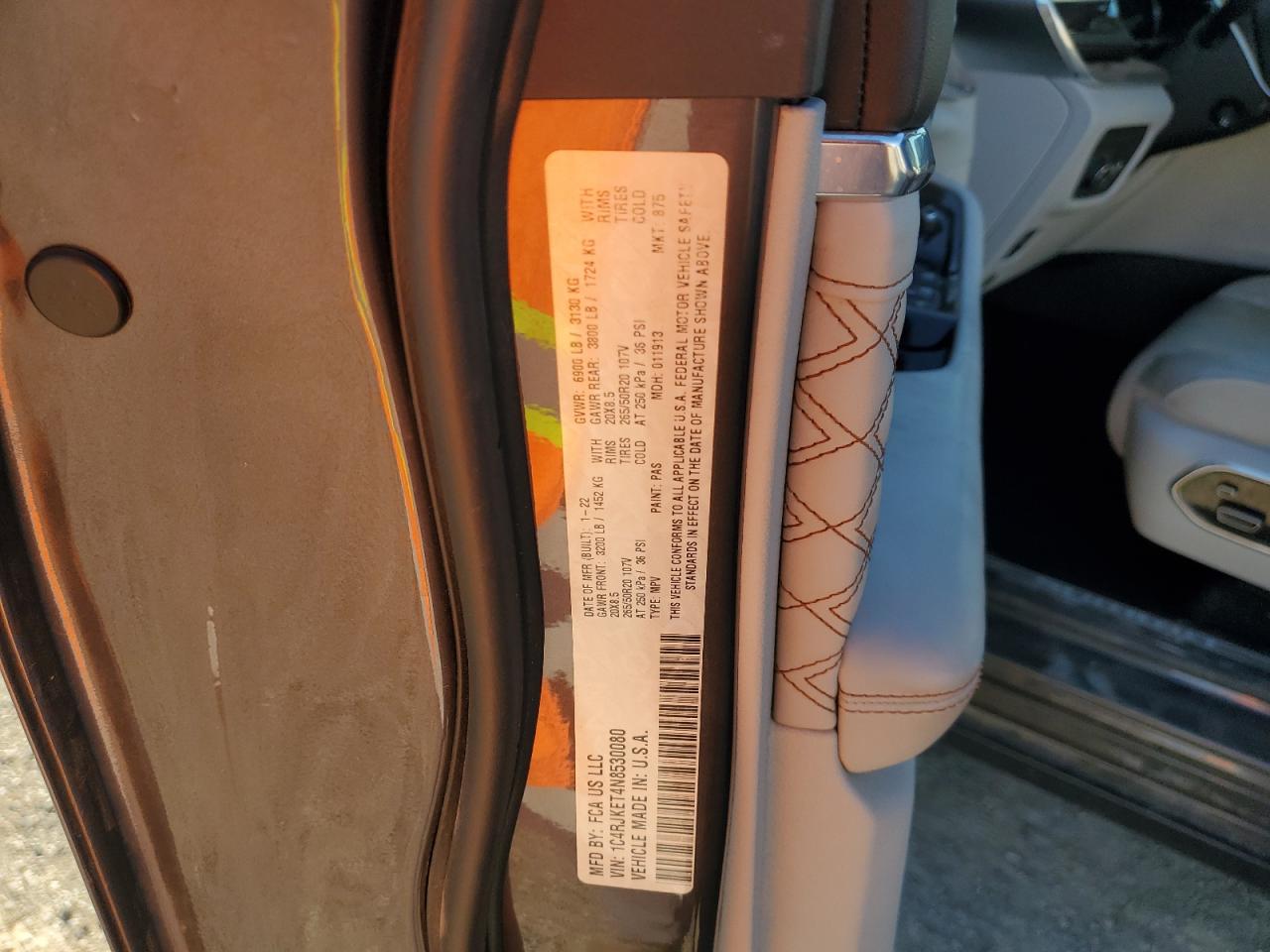 2022 Jeep Grand Cherokee L Summit VIN: 1C4RJKET4N8530080 Lot: 85203345