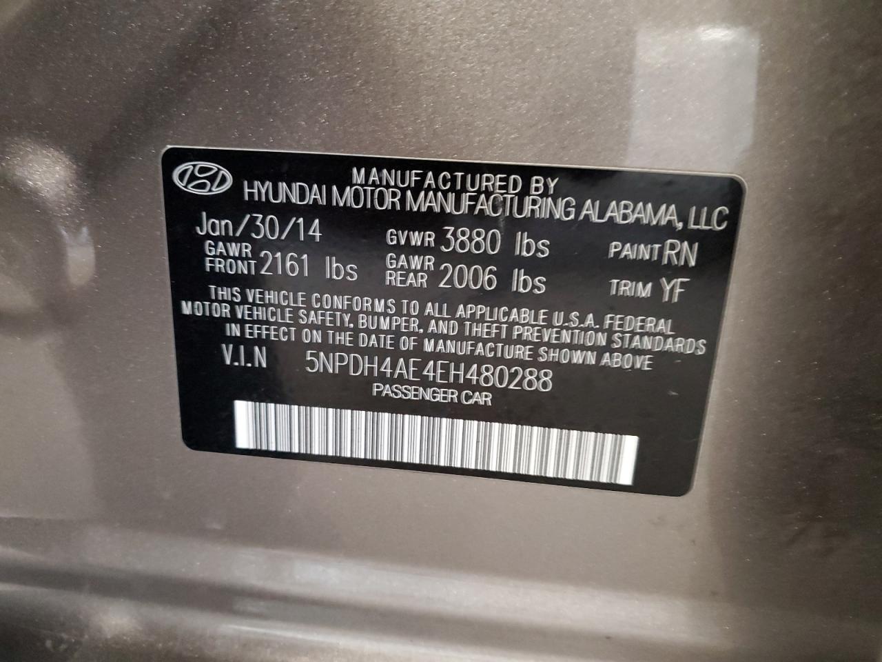 2014 Hyundai Elantra Se VIN: 5NPDH4AE4EH480288 Lot: 82340045