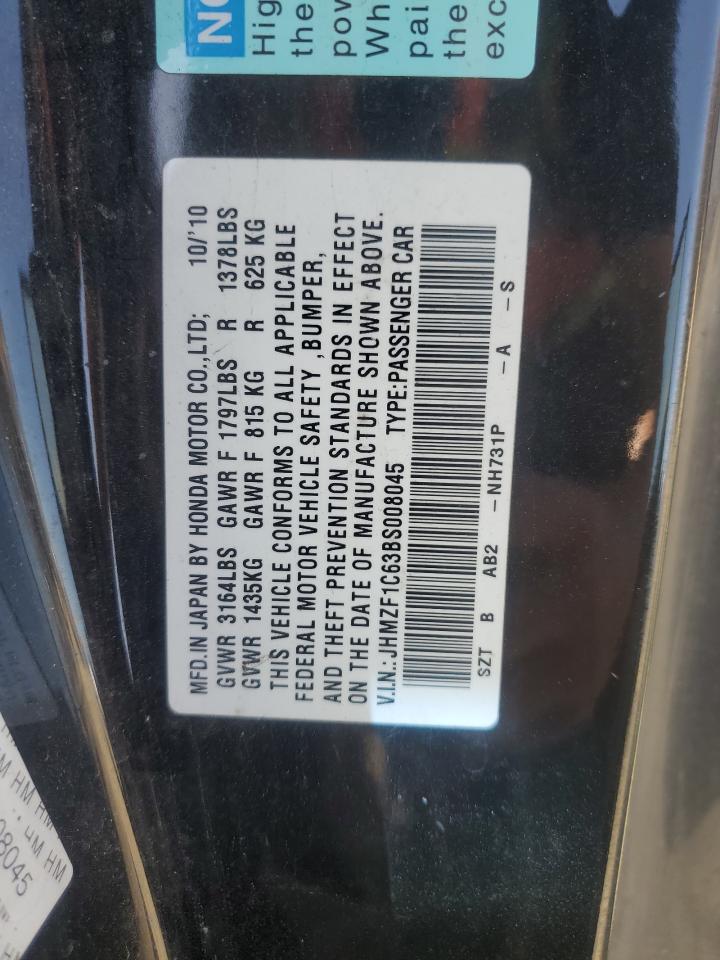 2011 Honda Cr-Z Ex VIN: JHMZF1C63BS008045 Lot: 85878805