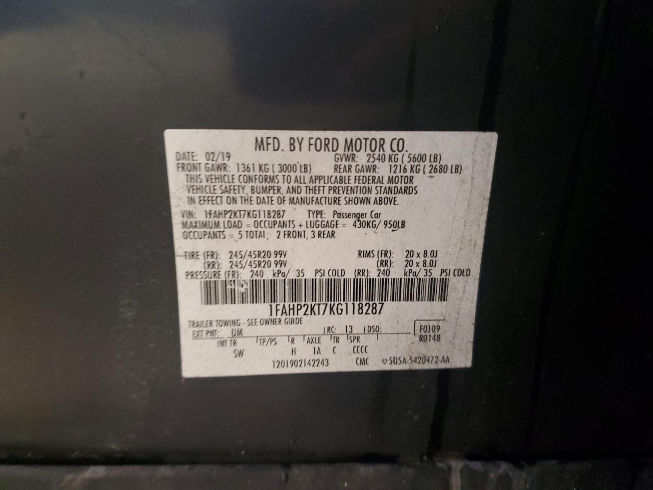 2019 Ford Taurus Sho VIN: 1FAHP2KT7KG118287 Lot: 86285685