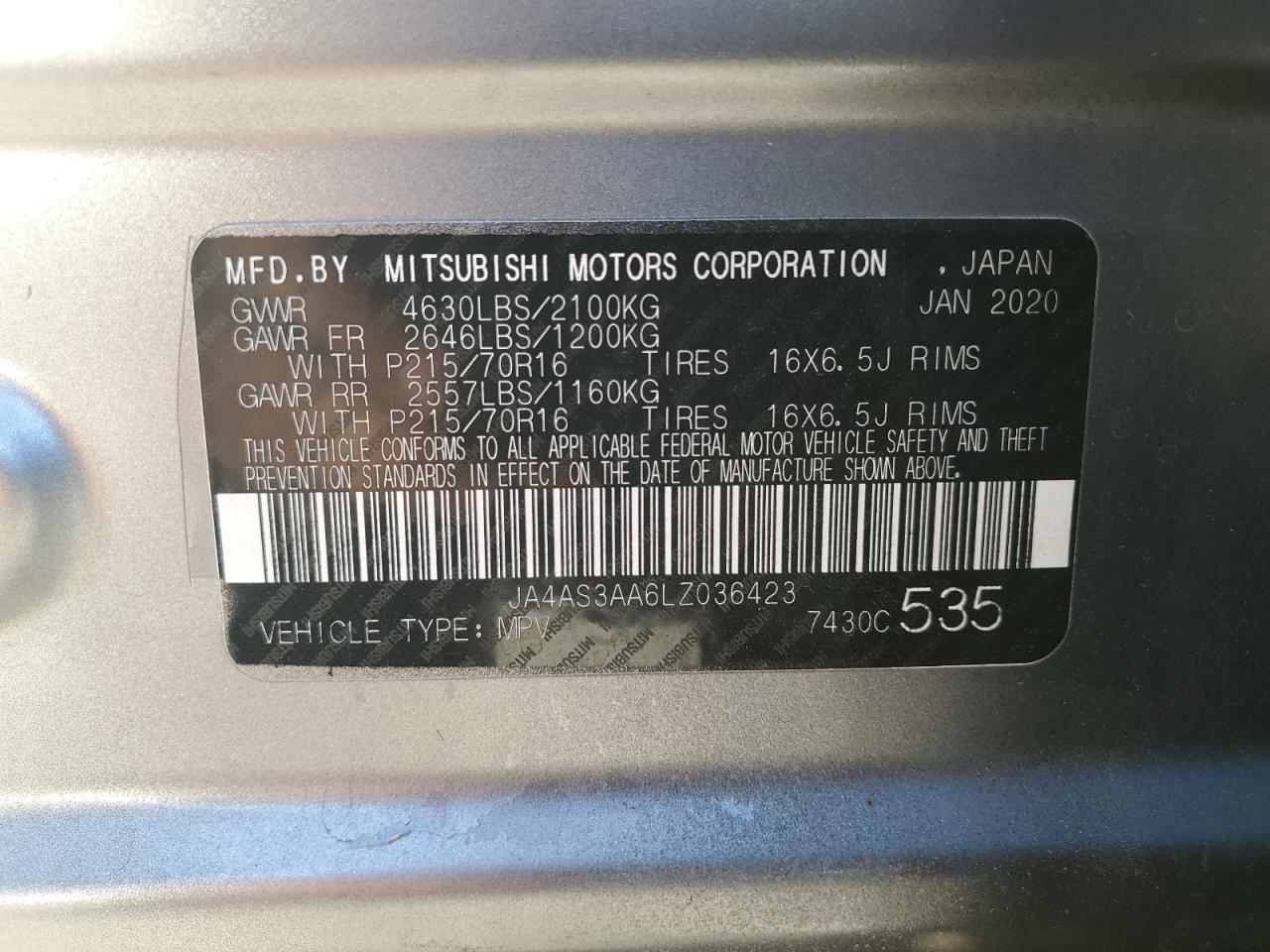 2020 Mitsubishi Eclipse Cross Es VIN: JA4AS3AA6LZ036423 Lot: 89547065