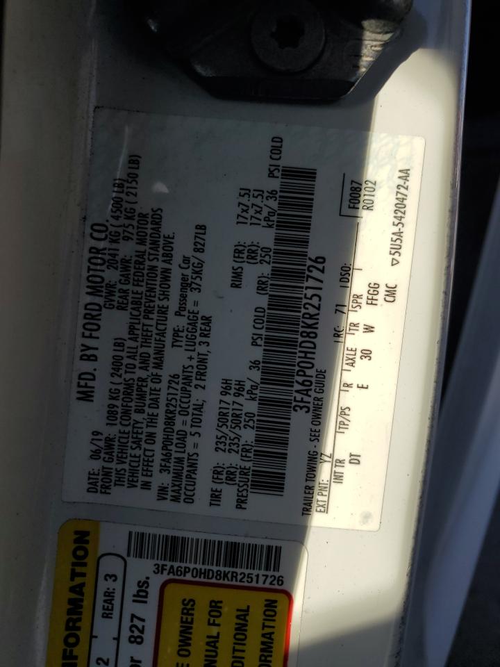 2019 Ford Fusion Se VIN: 3FA6P0HD8KR251726 Lot: 90944135