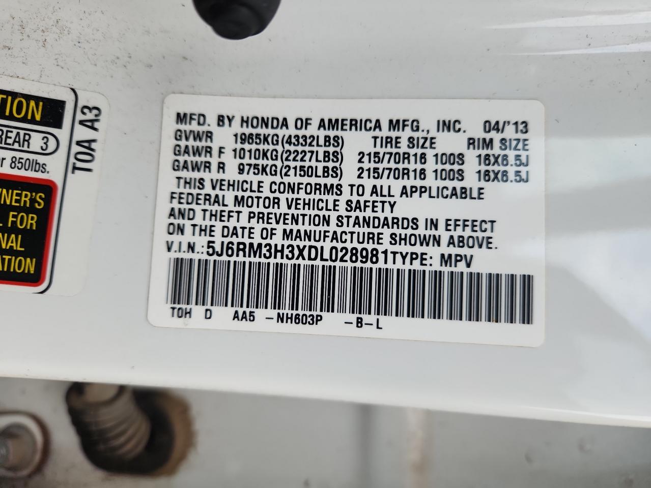 2013 Honda Cr-V Lx VIN: 5J6RM3H3XDL028981 Lot: 87044755