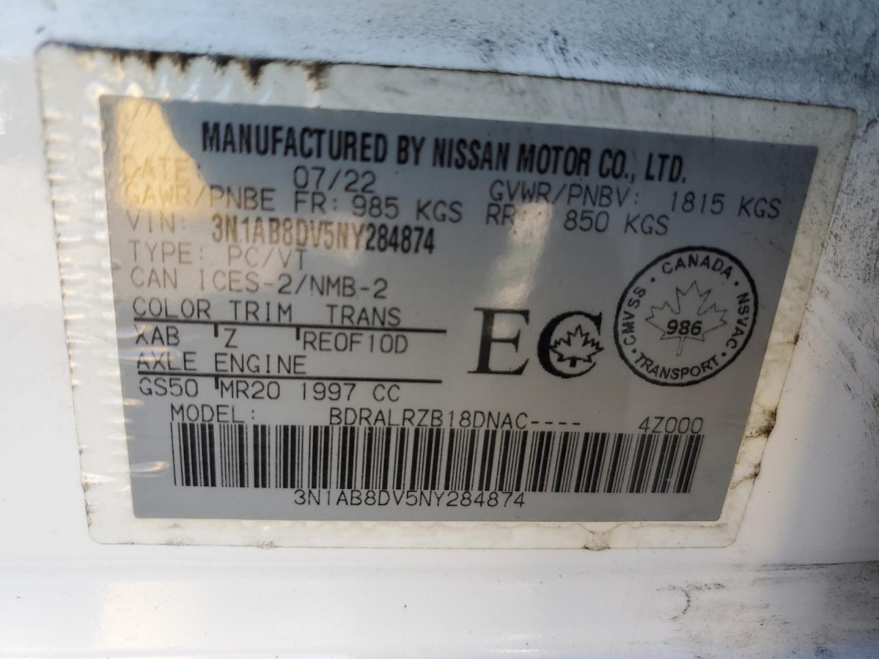 2022 Nissan Sentra Sr VIN: 3N1AB8DV5NY284874 Lot: 84657995