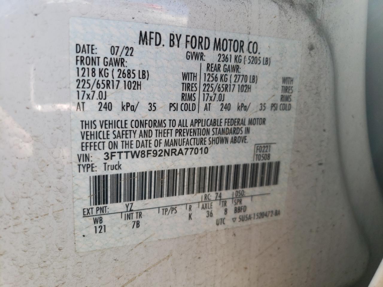 2022 Ford Maverick Xl VIN: 3FTTW8F92NRA77010 Lot: 85948385