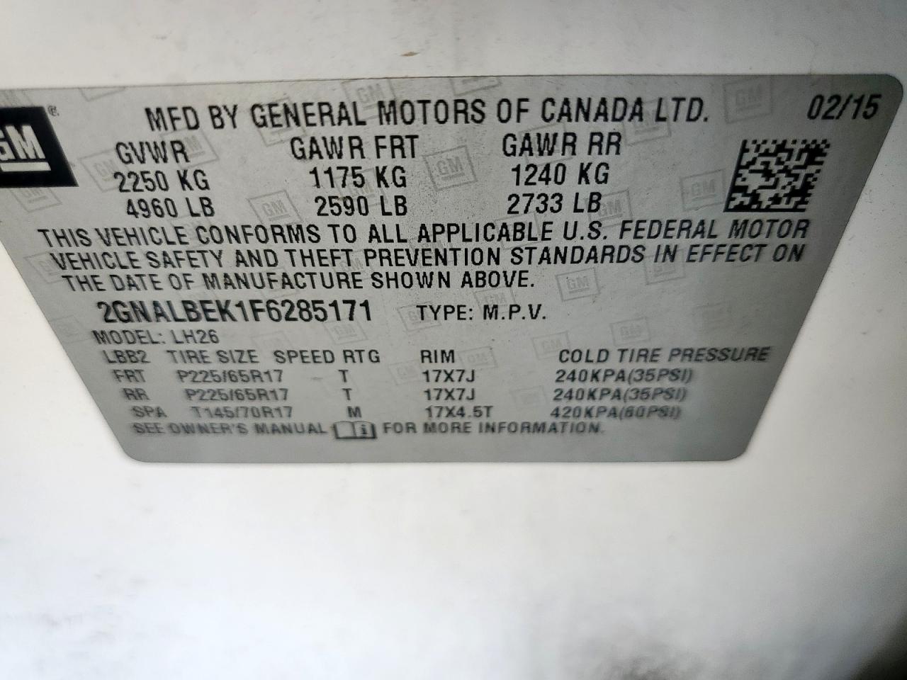 2015 Chevrolet Equinox Lt VIN: 2GNALBEK1F6285171 Lot: 85539505