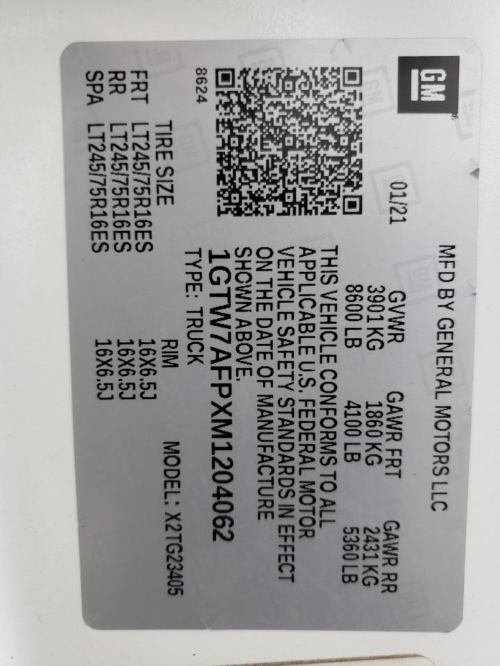 2021 GMC Savana G2500 VIN: 1GTW7AFPXM1204062 Lot: 84635645