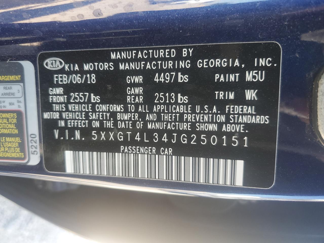 2018 Kia Optima Lx VIN: 5XXGT4L34JG250151 Lot: 86524155