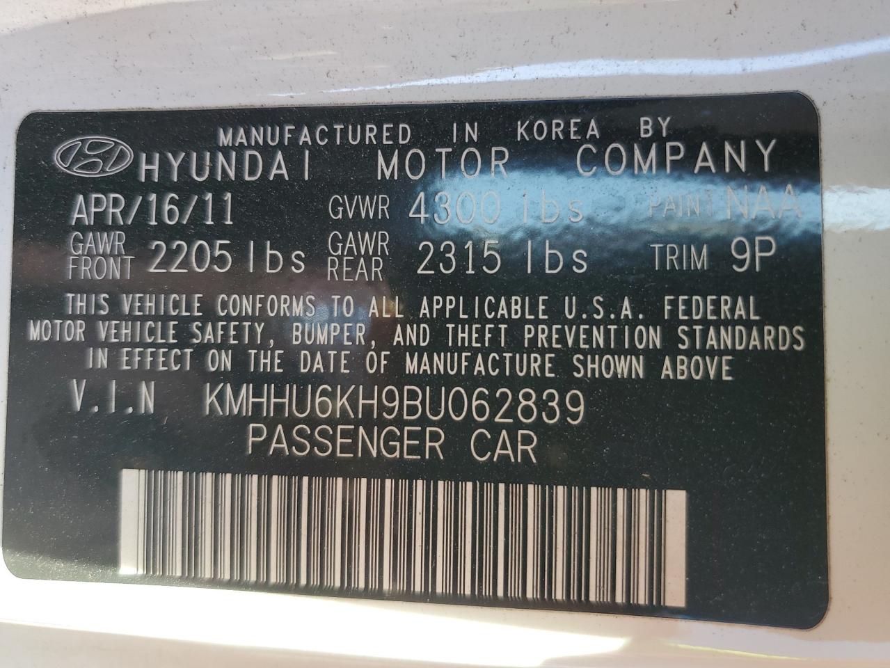 2011 Hyundai Genesis Coupe 3.8L VIN: KMHHU6KH9BU062839 Lot: 86743215