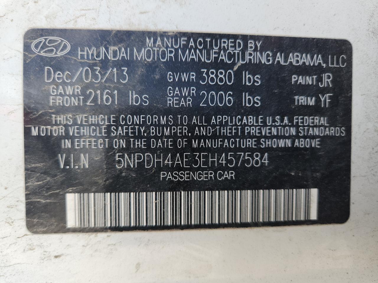 2014 Hyundai Elantra Se VIN: 5NPDH4AE3EH457584 Lot: 85200245