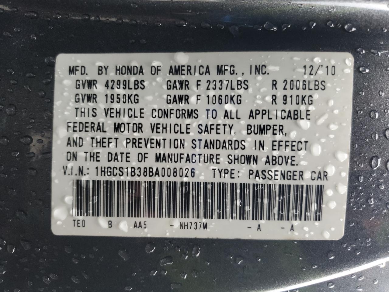 2011 Honda Accord Lx-S VIN: 1HGCS1B38BA008026 Lot: 90478735