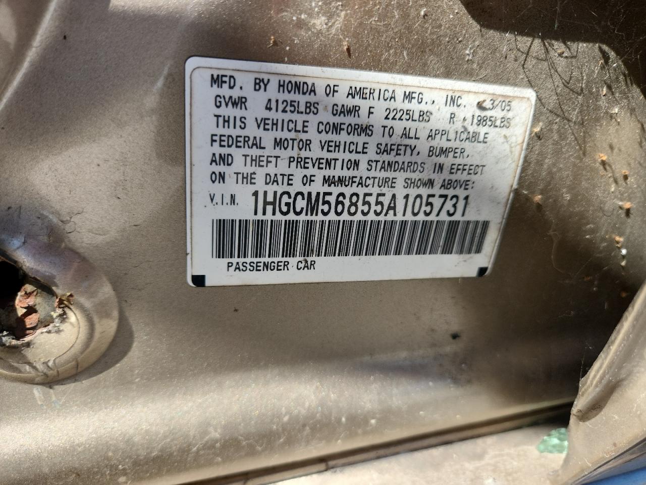 2005 Honda Accord Ex VIN: 1HGCM56855A105731 Lot: 86188565