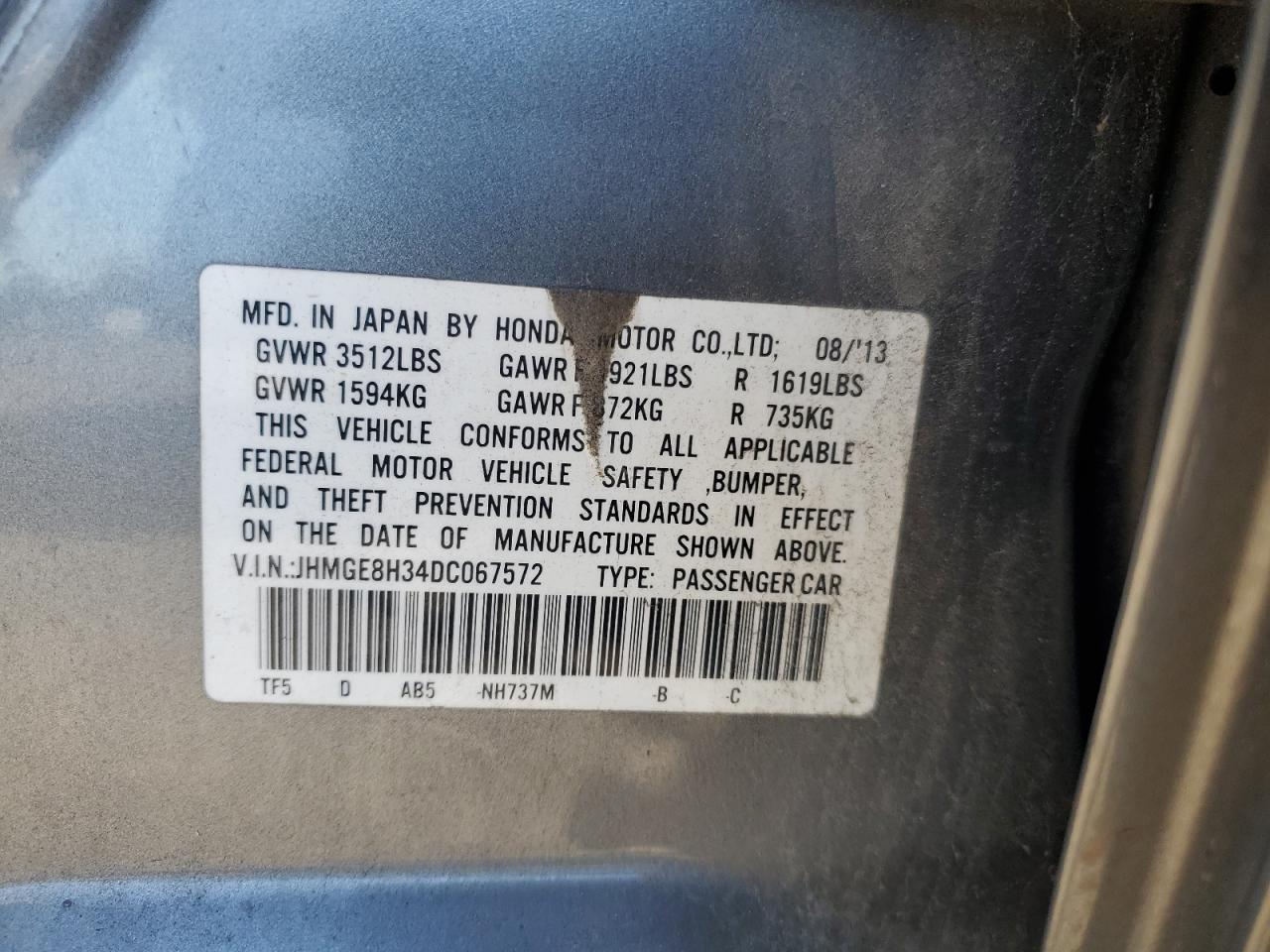 2013 Honda Fit VIN: JHMGE8H34DC067572 Lot: 85585635