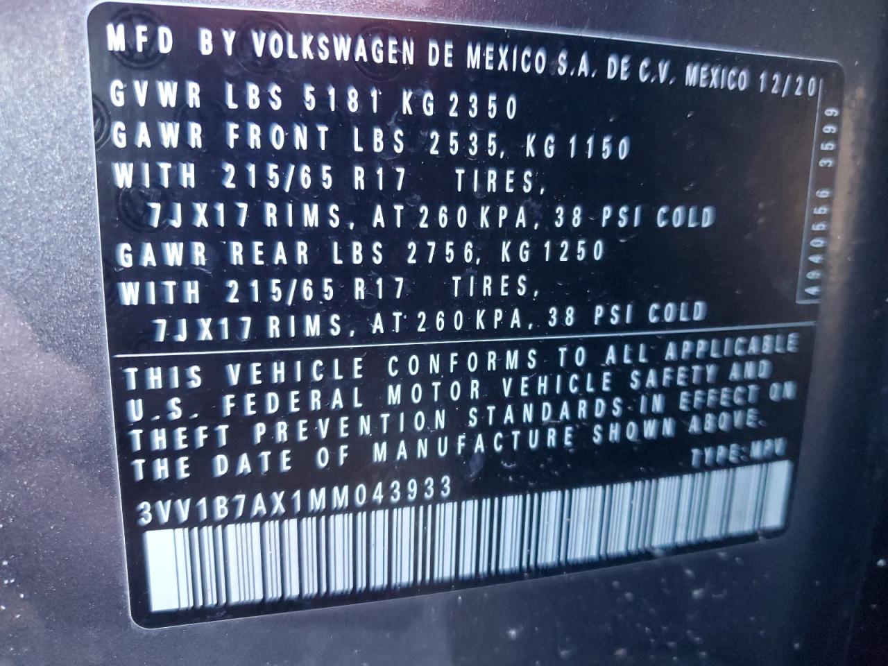 2021 Volkswagen Tiguan S VIN: 3VV1B7AX1MM043933 Lot: 82298515