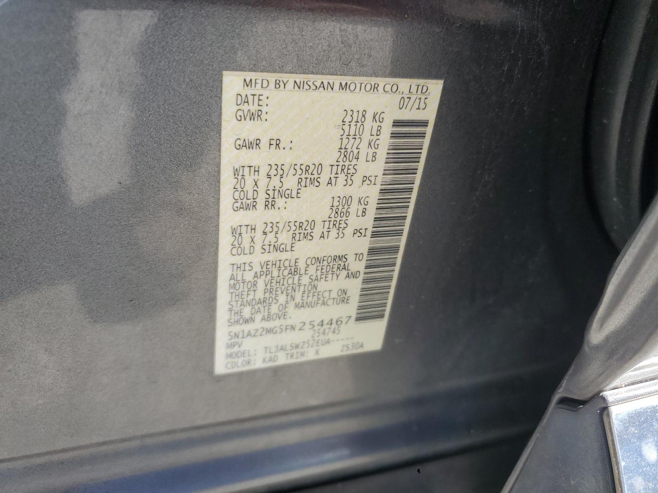 2015 Nissan Murano S VIN: 5N1AZ2MG5FN254467 Lot: 85740915