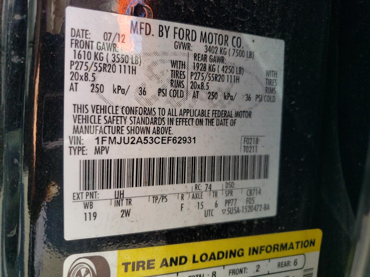 2012 Ford Expedition Limited VIN: 1FMJU2A53CEF62931 Lot: 85002165