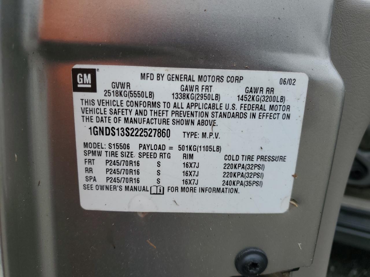 2002 Chevrolet Trailblazer VIN: 1GNDS13S222527860 Lot: 85336425