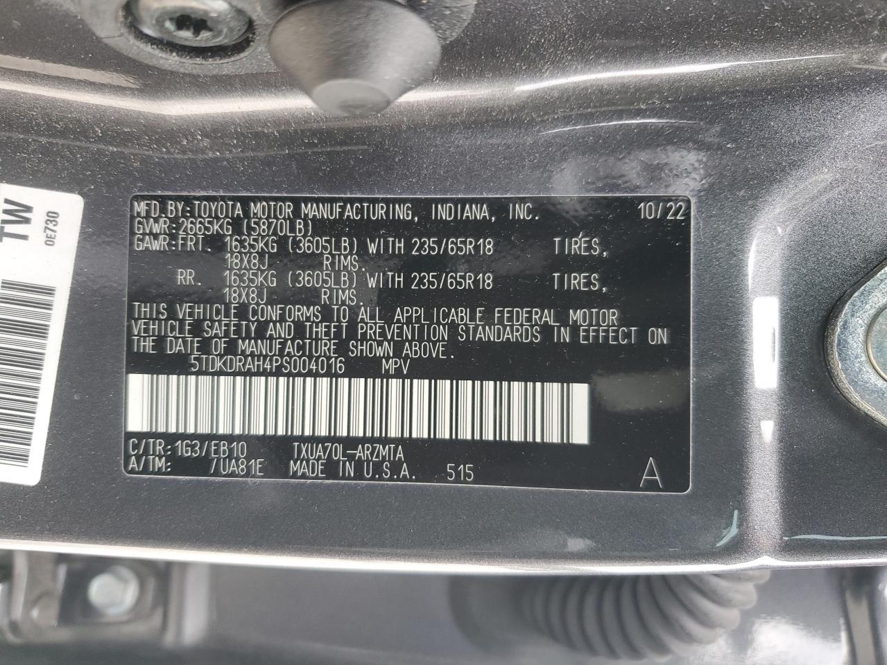 2023 Toyota Highlander L VIN: 5TDKDRAH4PS004016 Lot: 85307915