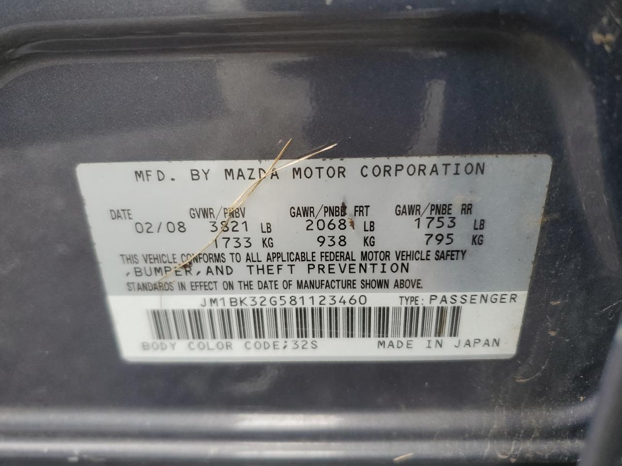 2008 Mazda 3 I VIN: JM1BK32G581123460 Lot: 82468815