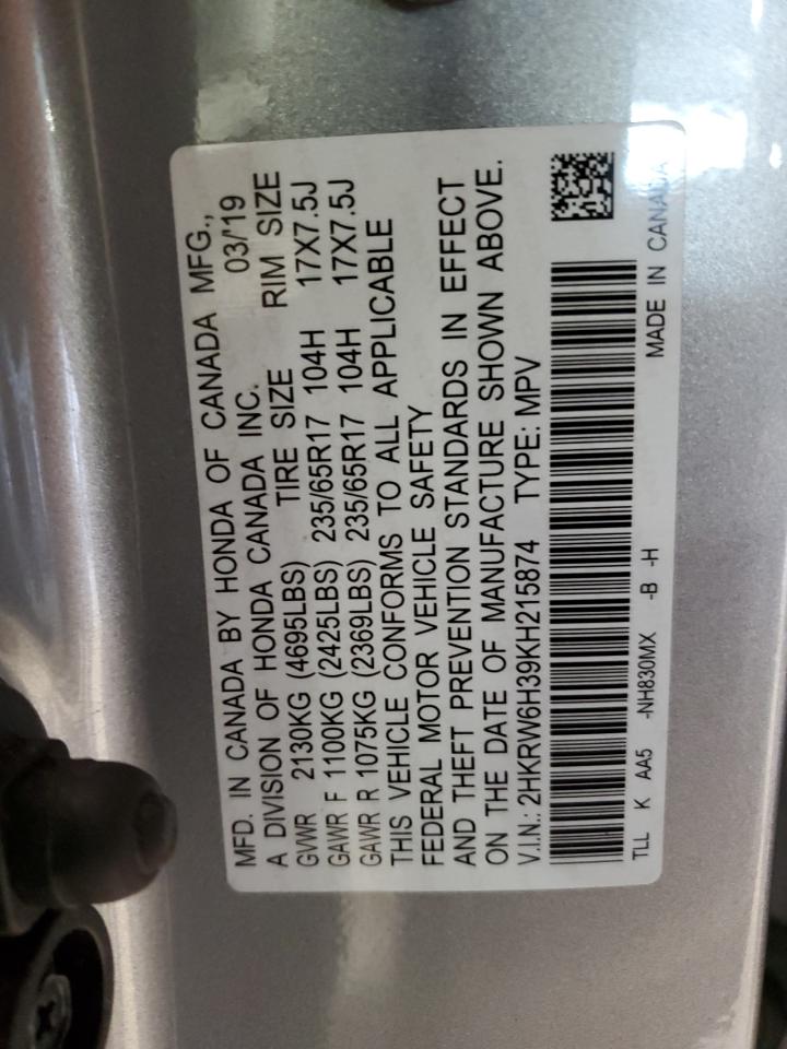 2019 Honda Cr-V Lx VIN: 2HKRW6H39KH215874 Lot: 85551065