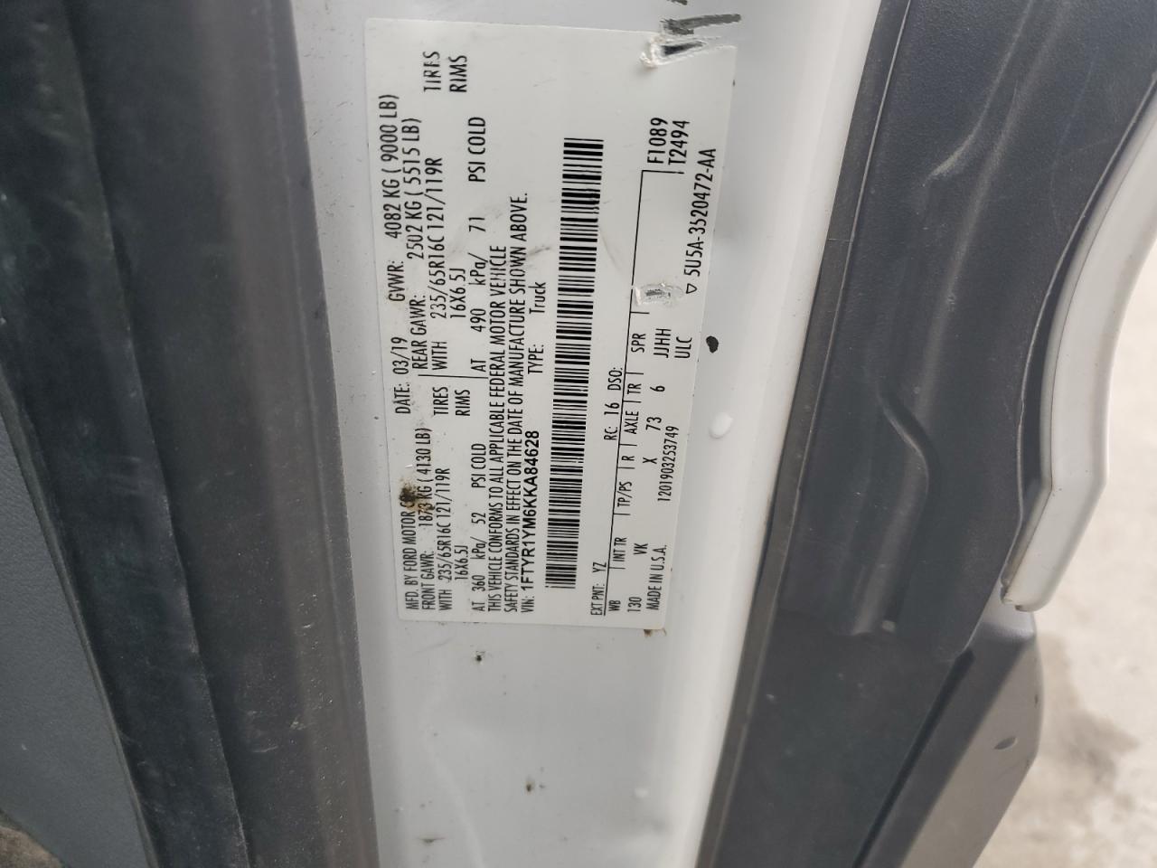 2019 Ford Transit T-250 VIN: 1FTYR1YM6KKA84628 Lot: 89522665