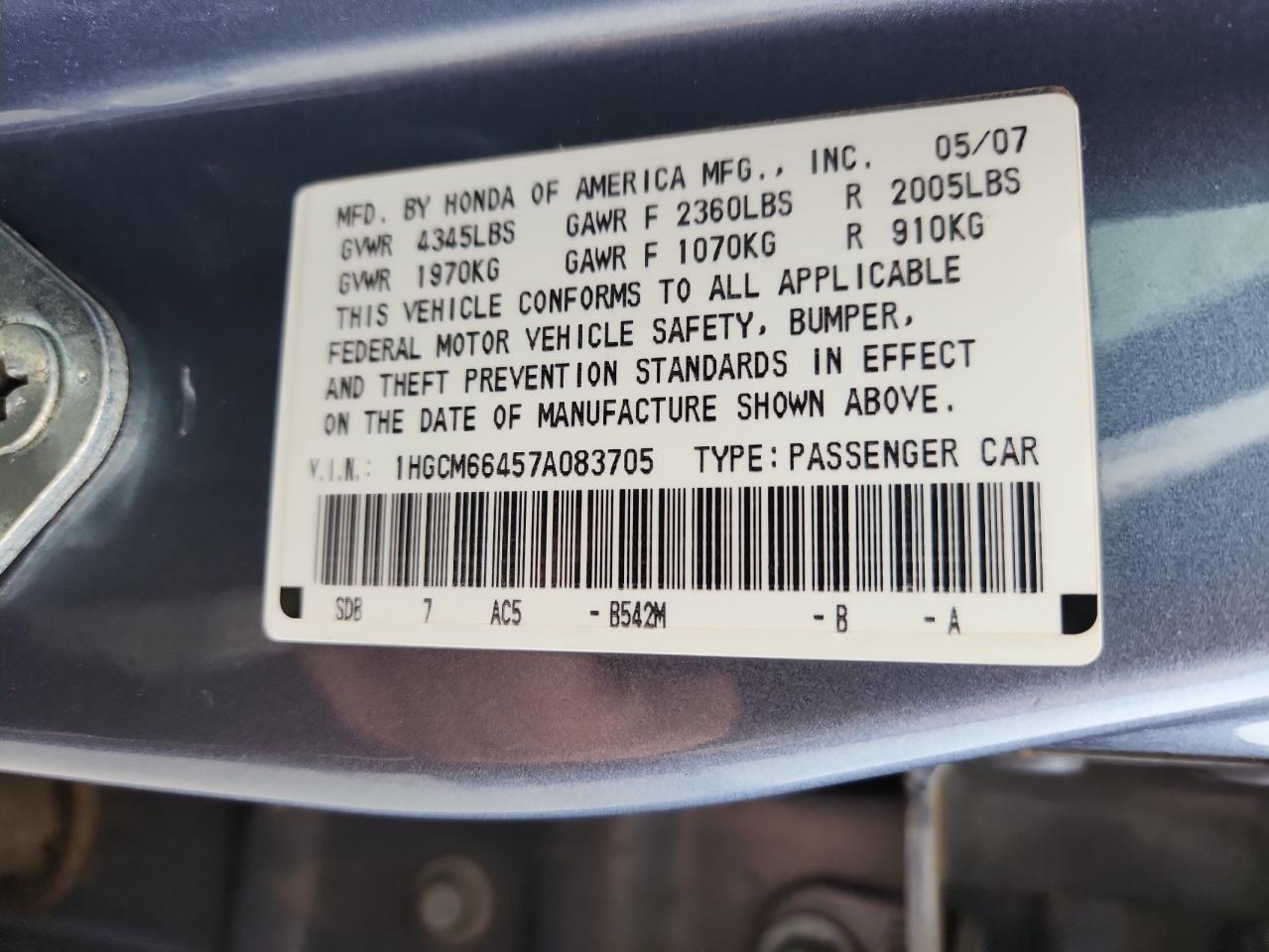 2007 Honda Accord Se VIN: 1HGCM66457A083705 Lot: 86332455