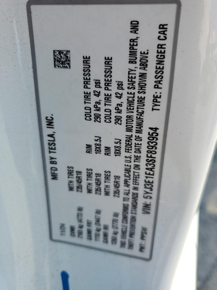 2025 Tesla Model 3 VIN: 5YJ3E1EA3SF893954 Lot: 85109735