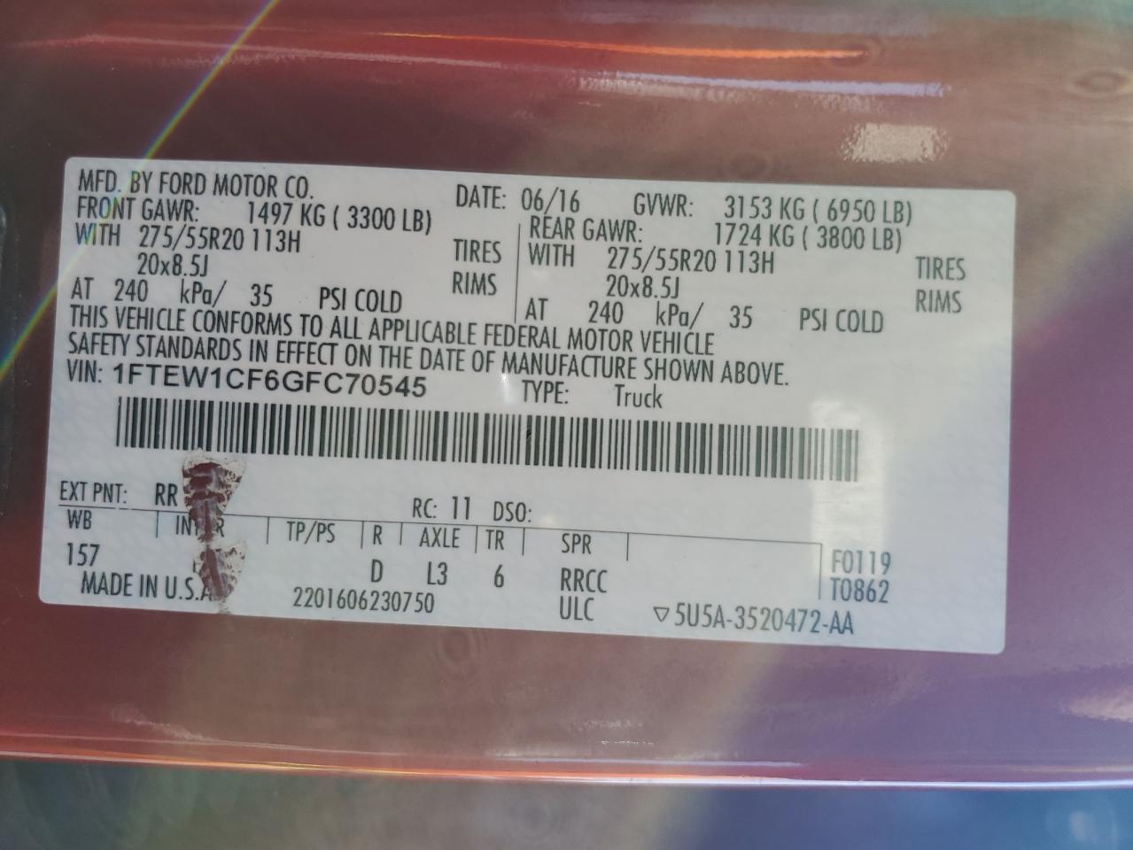 2016 Ford F150 Supercrew VIN: 1FTEW1CF6GFC70545 Lot: 81790705