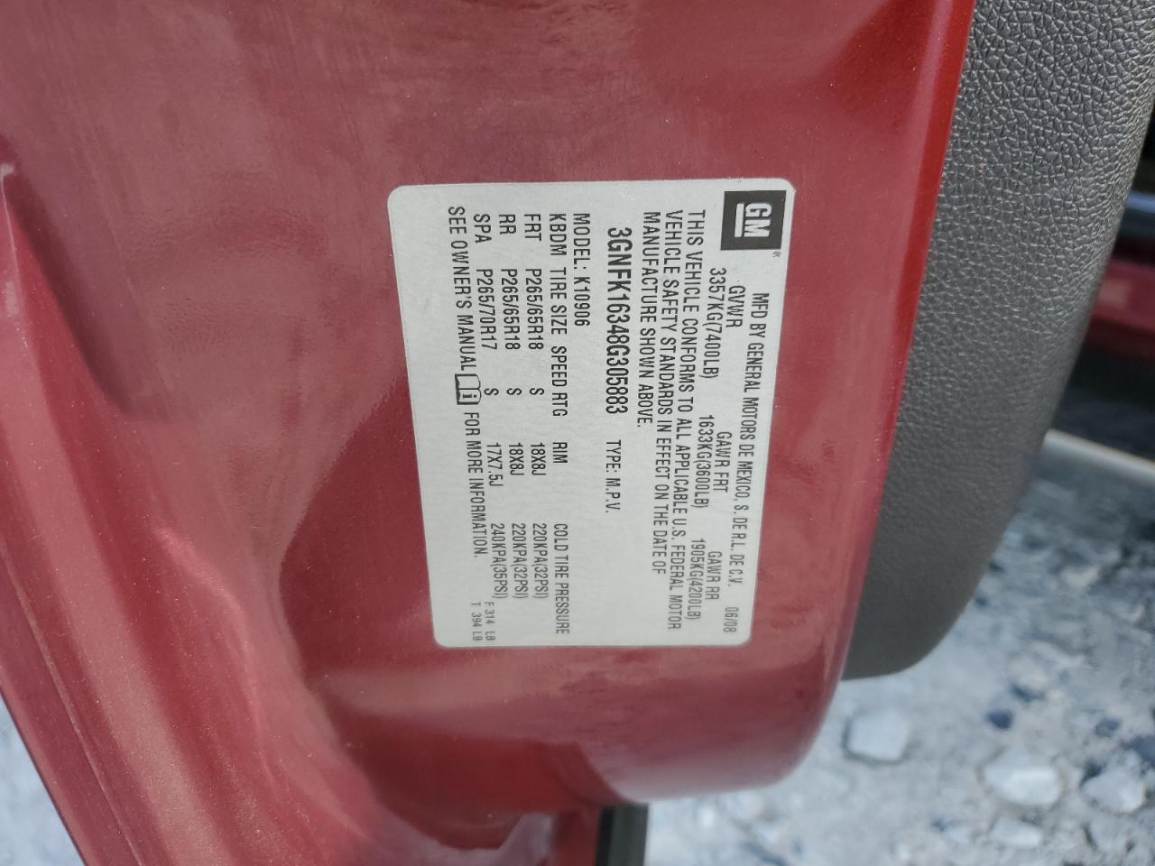 2008 Chevrolet Suburban K1500 Ls VIN: 3GNFK16348G305883 Lot: 85343485