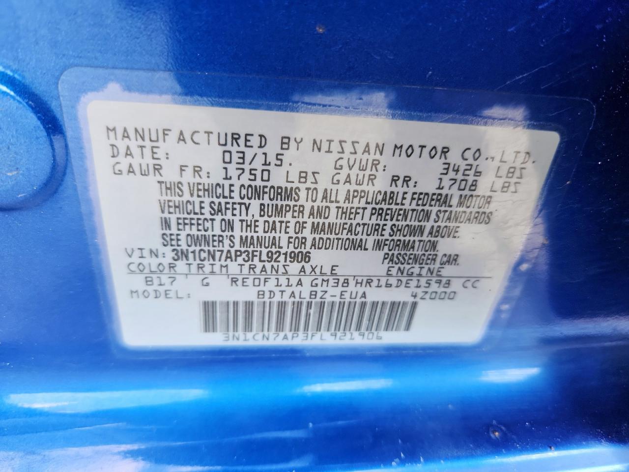 2015 Nissan Versa S VIN: 3N1CN7AP3FL921906 Lot: 84610175