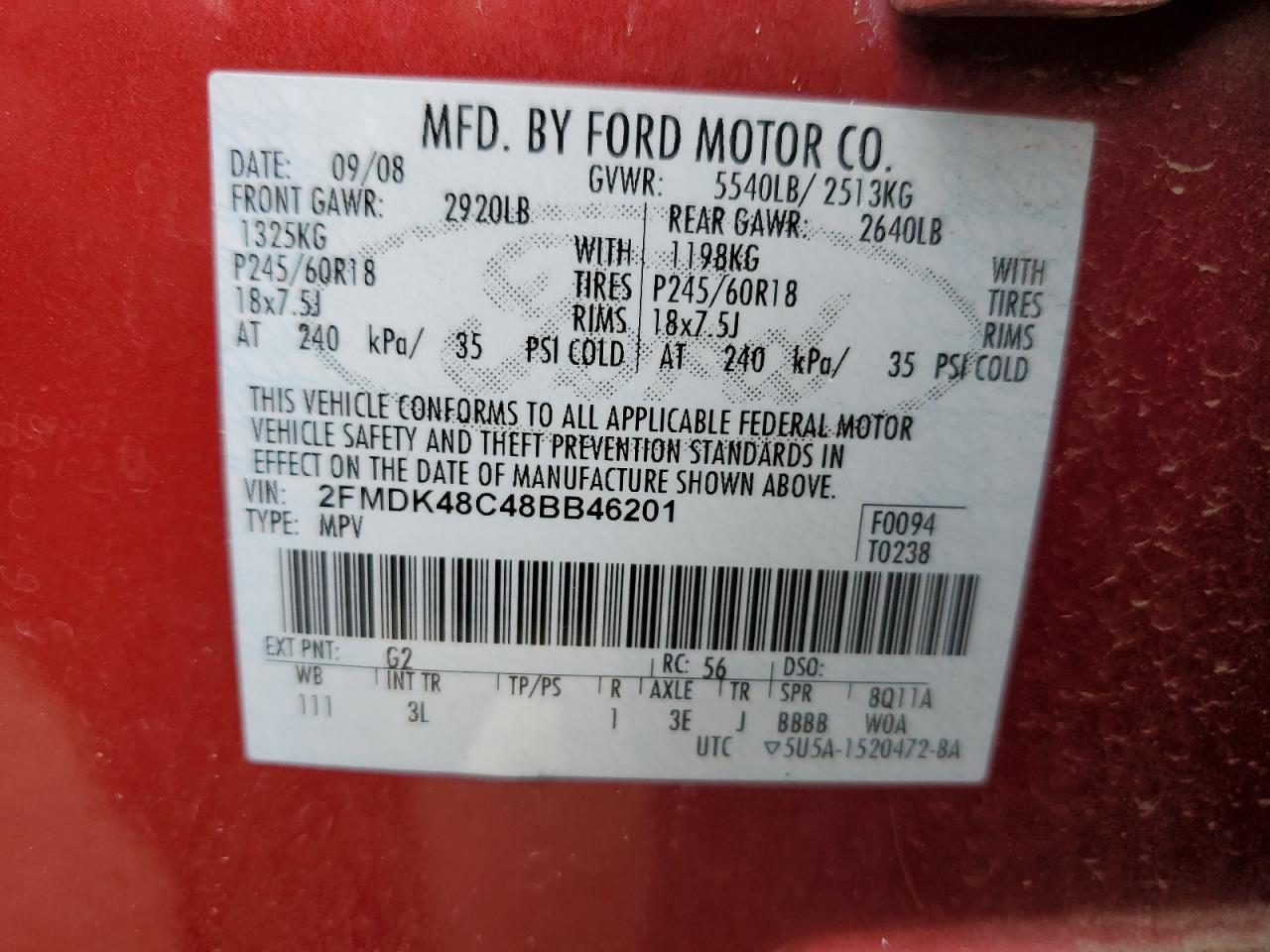 2008 Ford Edge Sel VIN: 2FMDK48C48BB46201 Lot: 85591075