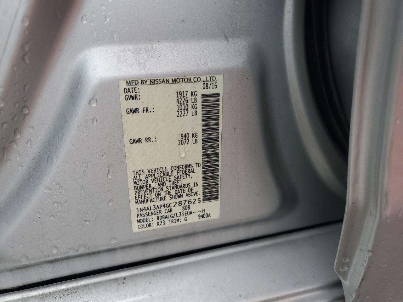 2016 Nissan Altima 2.5 VIN: 1N4AL3AP4GC287625 Lot: 85379965