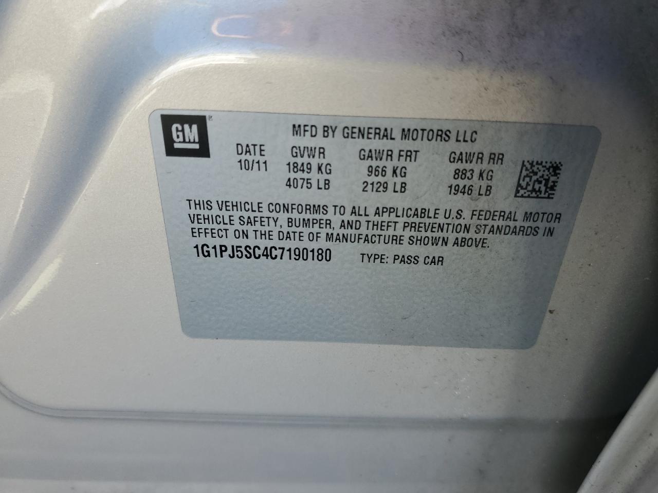 2012 Chevrolet Cruze Eco VIN: 1G1PJ5SC4C7190180 Lot: 81838885