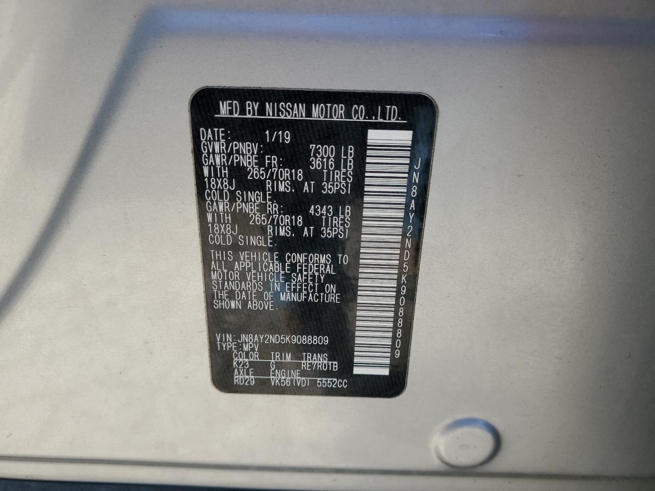 2019 Nissan Armada Sv VIN: JN8AY2ND5K9088809 Lot: 85910615
