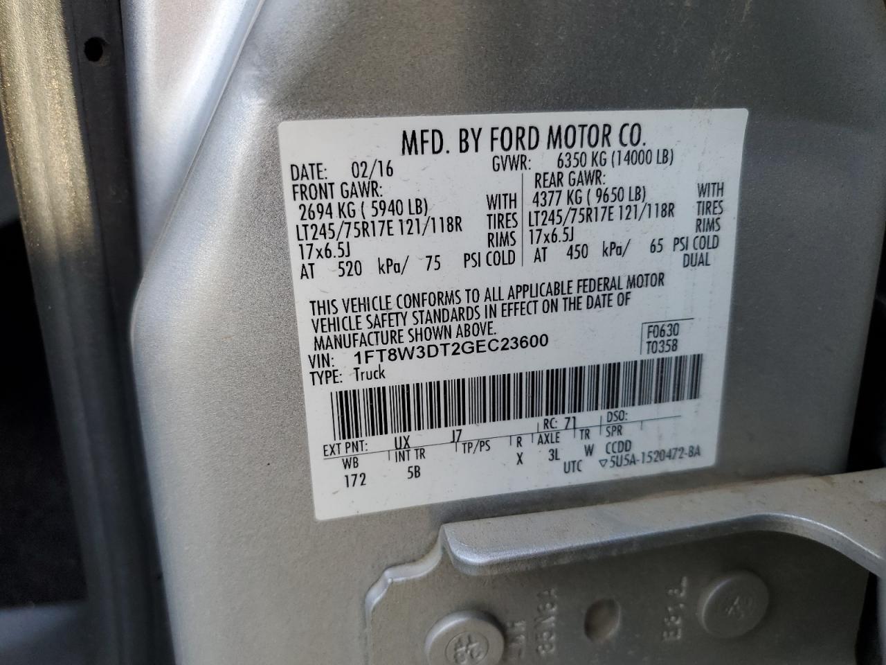 2016 Ford F350 Super Duty VIN: 1FT8W3DT2GEC23600 Lot: 85581385