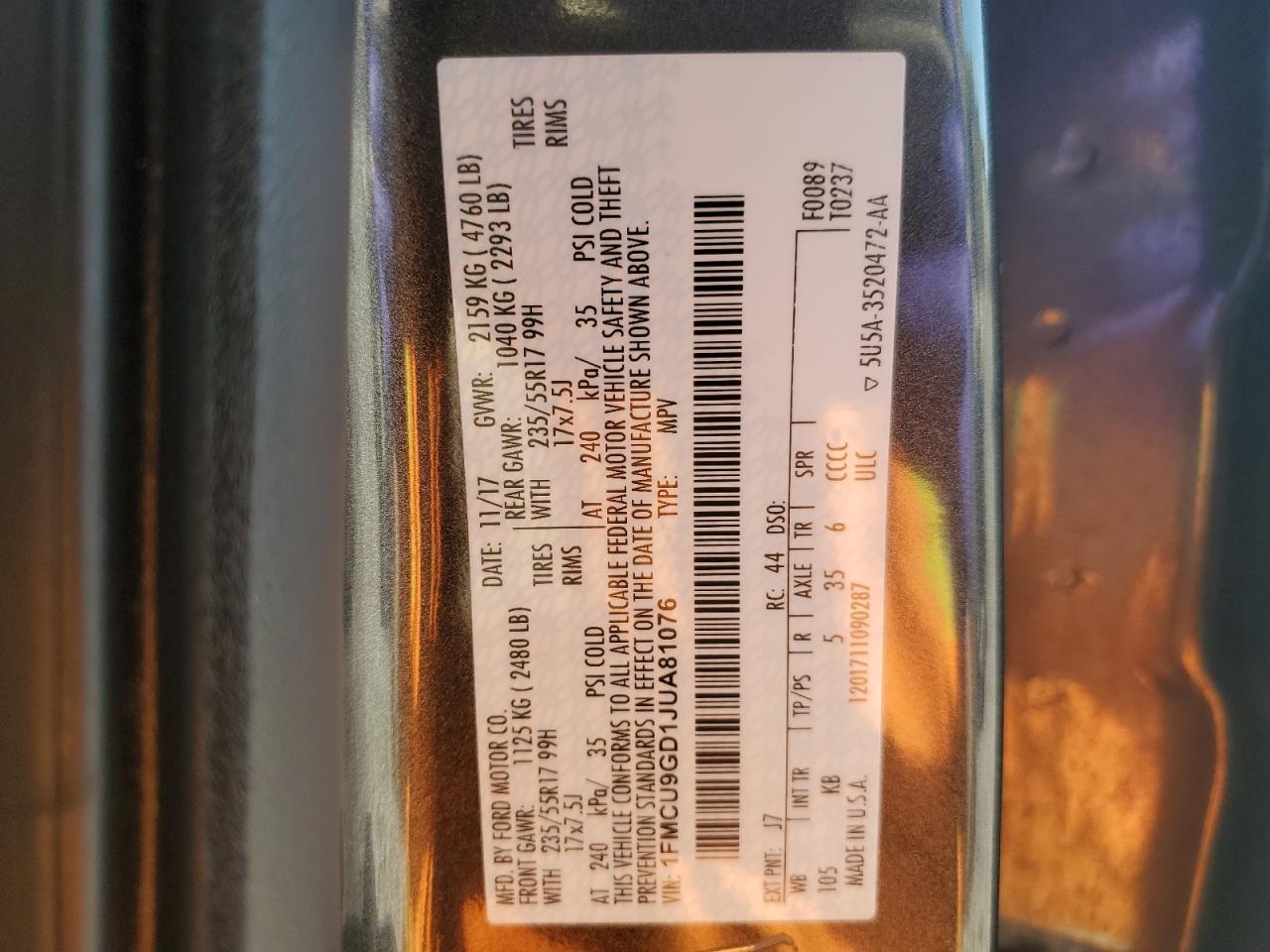 2018 Ford Escape Se VIN: 1FMCU9GD1JUA81076 Lot: 84630285