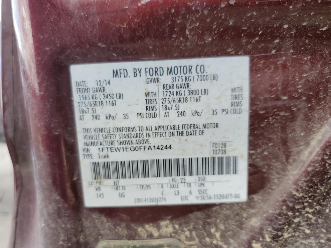 2015 Ford F150 Supercrew VIN: 1FTEW1EG0FFA14244 Lot: 85261375