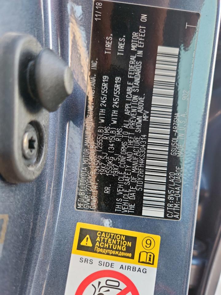 2019 Toyota Highlander Limited VIN: 5TDYZRFH4KS304314 Lot: 84703405