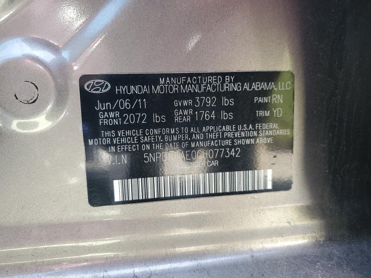 2012 Hyundai Elantra Gls VIN: 5NPDH4AE0CH077342 Lot: 86148605