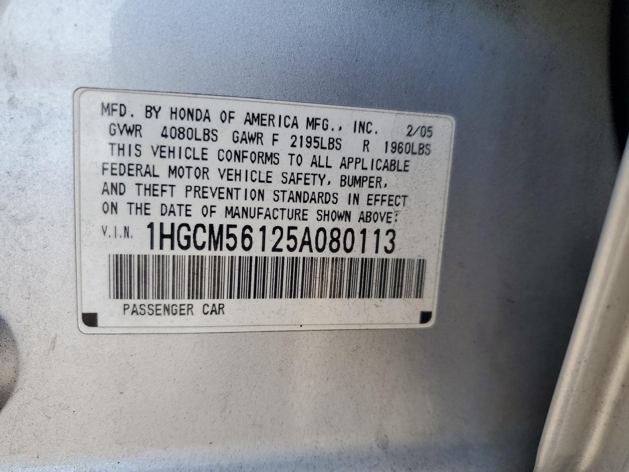 2005 Honda Accord Dx VIN: 1HGCM56125A080113 Lot: 82360275