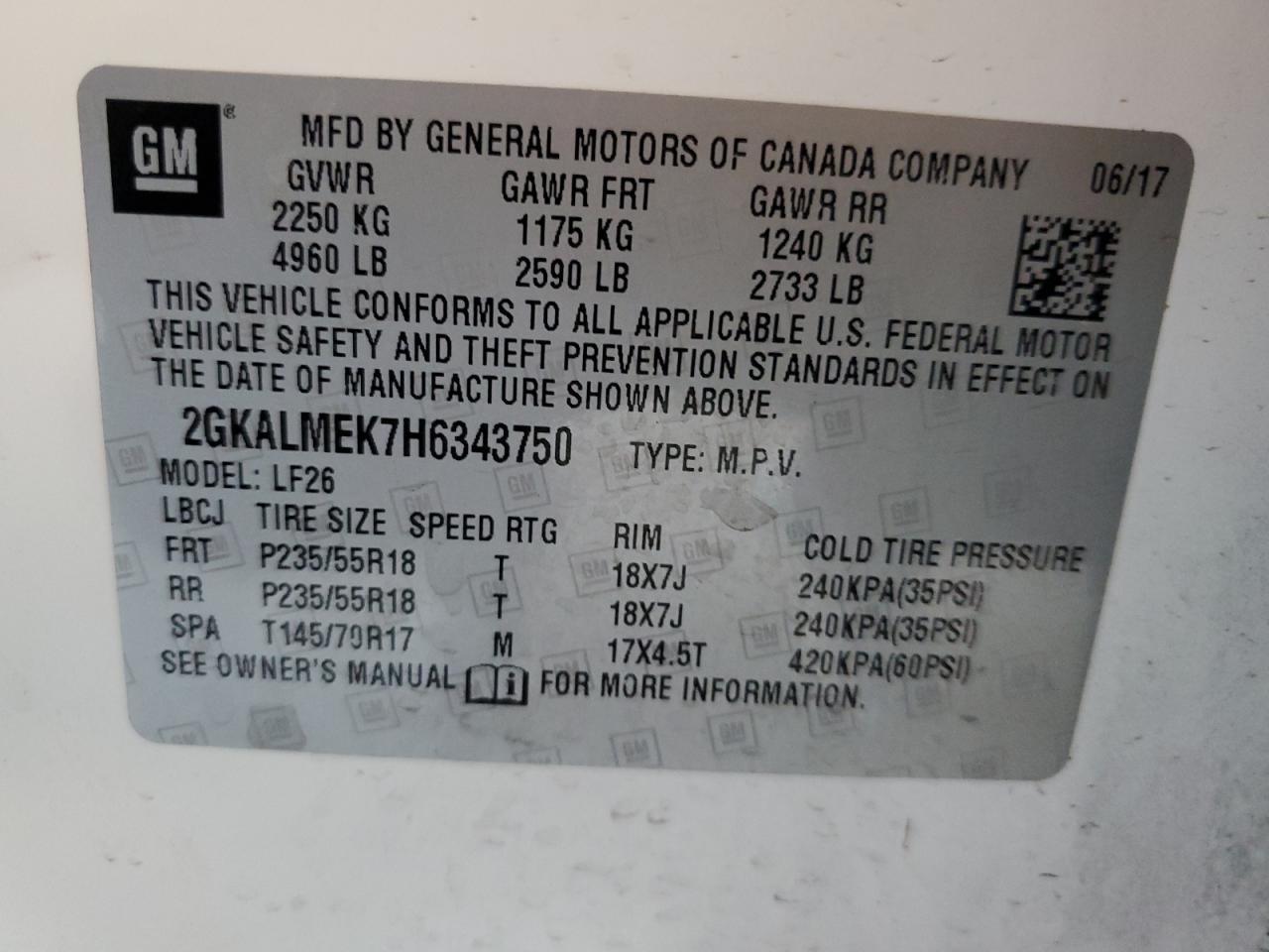 2017 GMC Terrain Sle VIN: 2GKALMEK7H6343750 Lot: 85479645