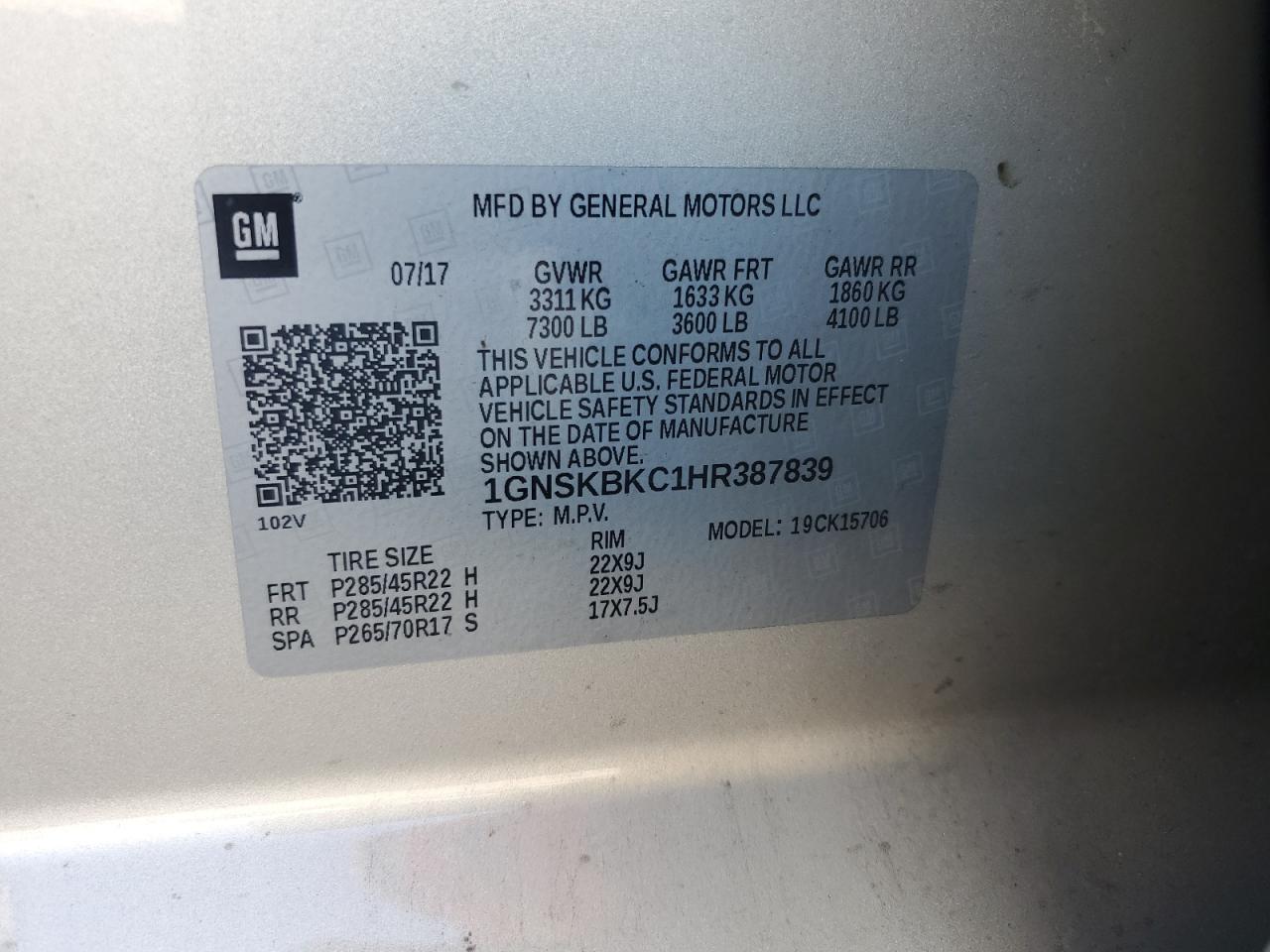 2017 Chevrolet Tahoe K1500 Lt VIN: 1GNSKBKC1HR387839 Lot: 86437505