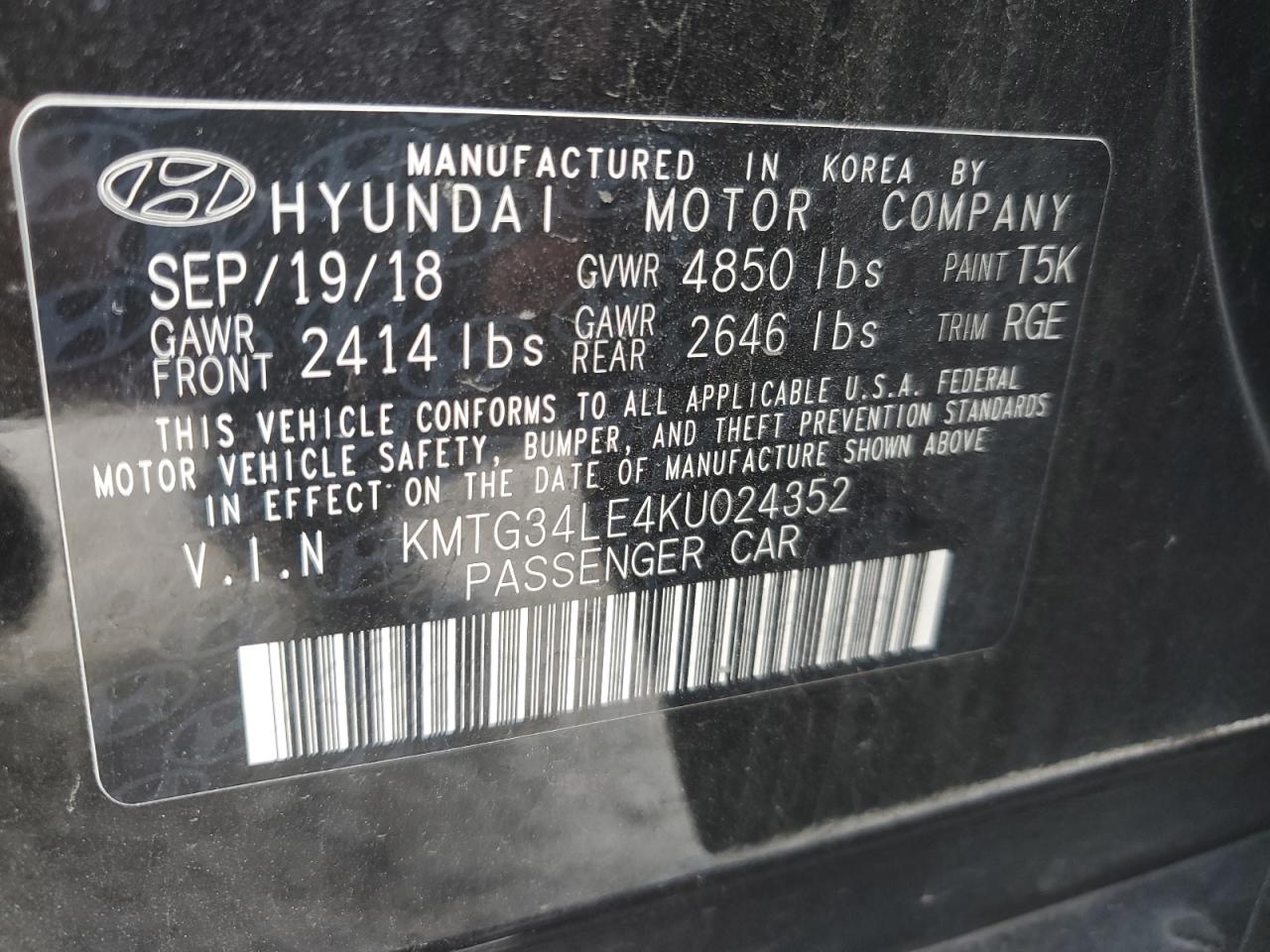 2019 Genesis G70 Prestige VIN: KMTG34LE4KU024352 Lot: 82562355