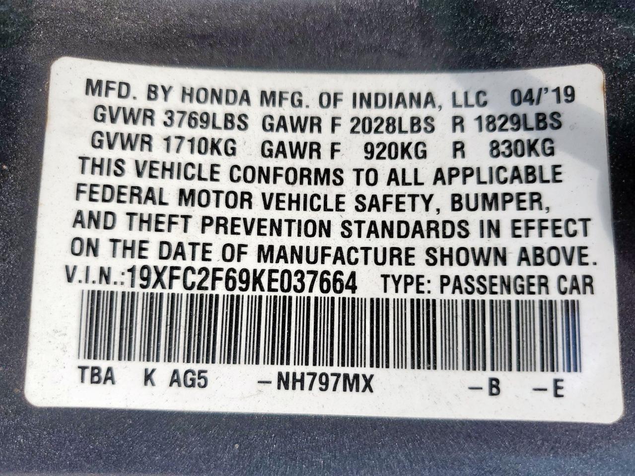 2019 Honda Civic Lx VIN: 19XFC2F69KE037664 Lot: 85327945