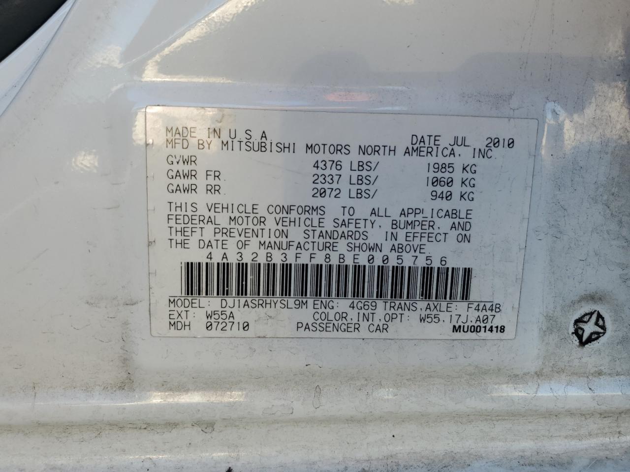 2011 Mitsubishi Galant Es VIN: 4A32B3FF8BE005756 Lot: 81973295